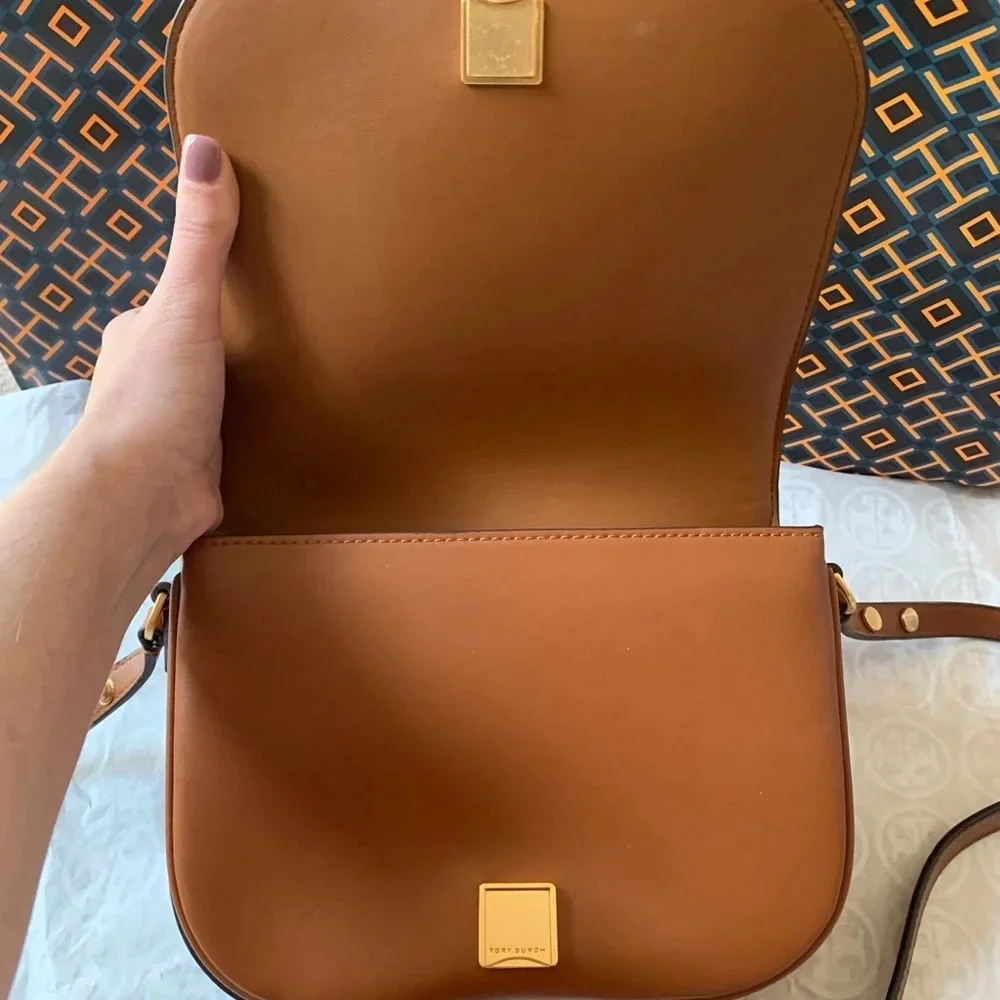 Tory Burch Emerson Woven Crossbody Bag Multicolor Orange White Tan Brown Gold - Picture 8 of 15